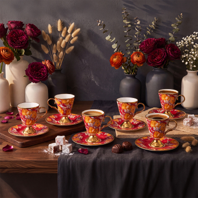 Aryıldız Begonia 12 Parça 6 Kişilik Kahve Fincan Takımı Kırmızı 100 ml - 1