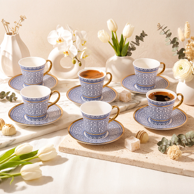 Aryıldız Kingham 12 Parça 6 Kişilik Kahve Fincan Takımı Mavi 90 ml - 1