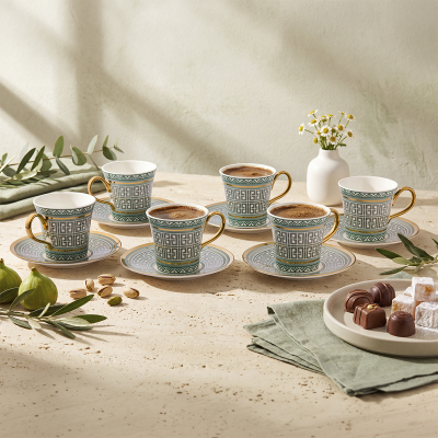 Aryıldız Kingham 12 Parça 6 Kişilik Kahve Fincan Takımı Yeşil 90 ml - 1