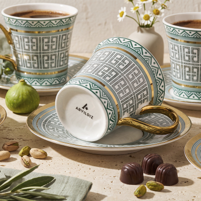 Aryıldız Kingham 12 Parça 6 Kişilik Kahve Fincan Takımı Yeşil 90 ml - 4